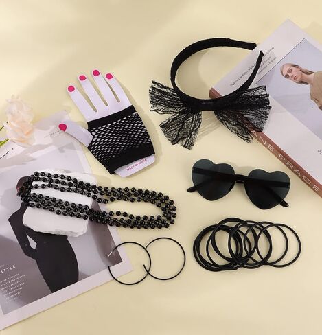 SAMOCO 80s طقم ملابس إكسسوارات للنساء النيون الدانتيل عقال أقراط شبكة صيد السمك قفازات قلادة سوار لحفلة 80 in Kuwait