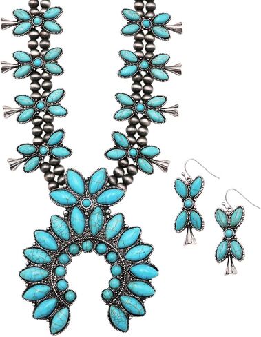 Rosemarie & Jubalee Women's Western Chic Statement Howlite Squash Blossom Necklace Earrings Set, 24"+3" Extension in Saudi Arabia
