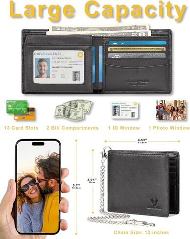 محفظة رجالية جلدية RFID محفظة ثنائية الطي مع سلسلة محفظة بطاقة الائتمان النقدية للرجال مع نافذتين لبطاقة الهوية (أسود) in Saudi Arabia