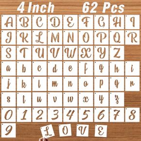 2 Inch Letter Stencils for Painting on Wood, 62 Pcs Calligraphy Alphabet Stencils and Number Stencils, Cursive Lettering Stencil Upper and Lowercase, Reusable Plastic Art Craft Stencil for Sign in Kuwait