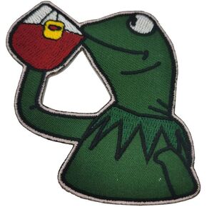 Kermit None My Business Frog Sipping Tea Patches Embroidery Sew On/Iron On Patches for Dress Jeans Jackets Frog Applique Stripe Badge DIY Accessory in Kuwait