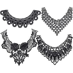 GORGECRAFT 4 Styles Halloween Neckline Applique White Black Lace Collar False Collar Patch Women's Hollow Out Flower Fabric Fake Shirt Lapel Embroidered Floral Fabric for Cosplay Sewing Accessory
