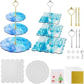 2 Pack 3 Tier Cake Stand Resin Tray Molds, Silicone Cake Resin Tray Mold with 6Pcs Crown Brackets and 10 Gold Foils, DIY Resin Casting Mold for Making Dessert Platter, Serving Stand (Round+Square) in Kuwait