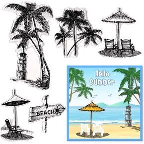 ALIBBON Hello Summer Clear Stamps for Card Making and Photo Album Decorations, Summer Holiday Stamps, Summer Beach Plants Transparent Silicone Stamps for Crafting and DIY Scrapbooking