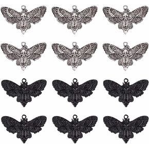 SUNNYCLUE 1 Box 20Pcs Gothic Charms Moth Charm 41x26mm Halloween Skull Skeleton Head Charms Flying Animal Black Silver Insect Charm for Jewelry Making Charms Necklace Earrings Keychain DIY Supplies