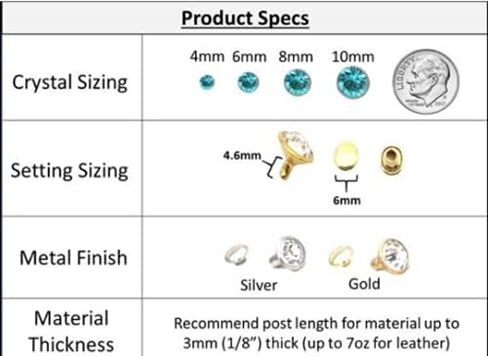 20 Pack 8mm Crystal Glass Rhinestone Rapid Rivets Leathercraft Studs (AB Crystal/Gold Post) in Kuwait