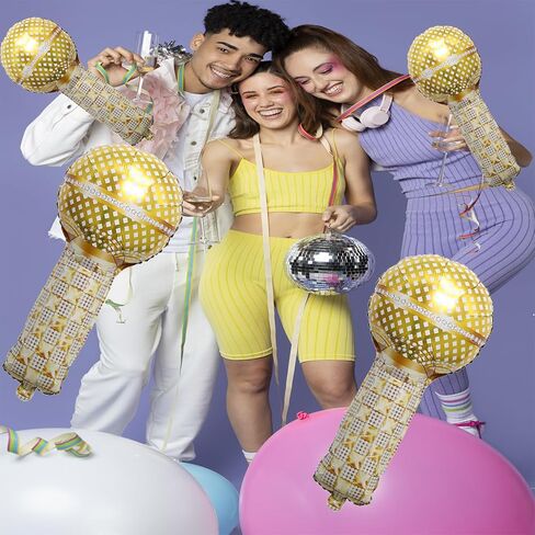 بالونات ميكروفون ذهبية من الفويل لحفلات الثمانينيات والتسعينيات بطابع الهيب هوب، لوازم تزيين الحفلات in Kuwait