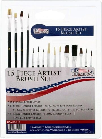 U.S. Art Supply 15 Piece Multi-Purpose Artist Paint Brush Set - Pony Round and Flat Bristles for Painting Portraits, Canvas, Paper, Wood - Watercolor, Acrylic, Oil - Kids, Adults, Students, Beginners in Saudi Arabia