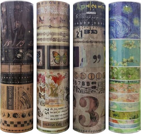 VEINARDYL 40 لفة (إجمالي 262 قدمًا) مجموعة شريط واشي عتيقة، شريط لاصق ملصق ديكور على طراز الحنين من أجل تغليف الهدايا DIY Craft Scrapbooking Bullet Journal Planner in Kuwait