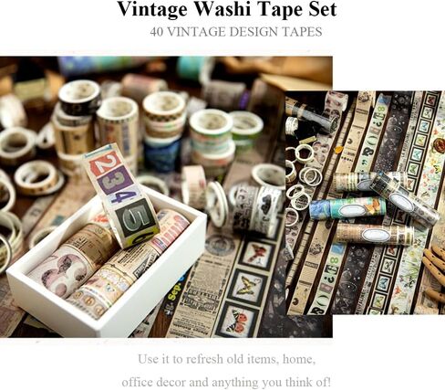 VEINARDYL 40 لفة (إجمالي 262 قدمًا) مجموعة شريط واشي عتيقة، شريط لاصق ملصق ديكور على طراز الحنين من أجل تغليف الهدايا DIY Craft Scrapbooking Bullet Journal Planner in Kuwait