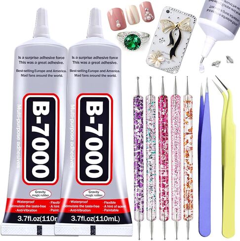 قطعتان × 110 مل B7000 غراء حجر الراين شفاف، ترقية B7000 غراء متعدد الوظائف لاصق مجوهرات لإصلاح المجوهرات، مصنوعات حجرية معدنية، قماش، أحذية، خرز زجاجي خشبي مع أقلام منقط وملاقط in Kuwait