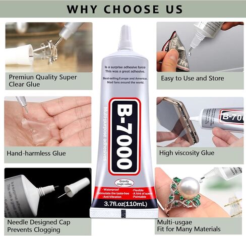 قطعتان × 110 مل B7000 غراء حجر الراين شفاف، ترقية B7000 غراء متعدد الوظائف لاصق مجوهرات لإصلاح المجوهرات، مصنوعات حجرية معدنية، قماش، أحذية، خرز زجاجي خشبي مع أقلام منقط وملاقط in Kuwait