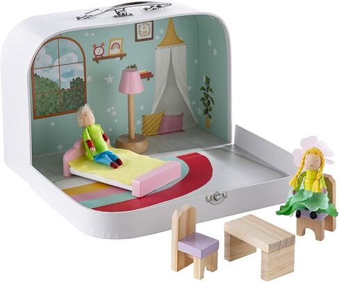 HearthSong 11 Inch Rainbow Cottage Travel Dollhouse Set with 2 Dolls and 5 Piece Furniture Set in Kuwait