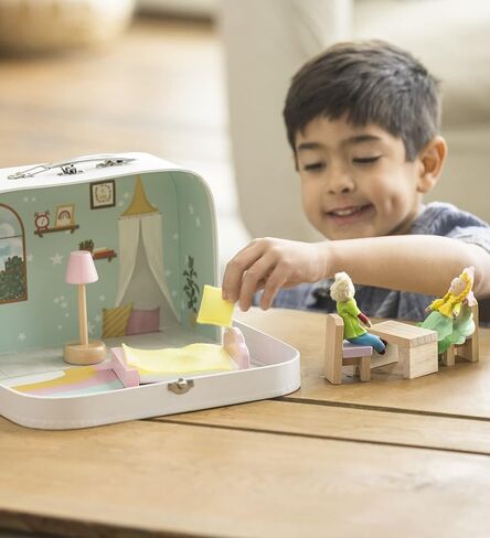 HearthSong 11 Inch Rainbow Cottage Travel Dollhouse Set with 2 Dolls and 5 Piece Furniture Set in Kuwait