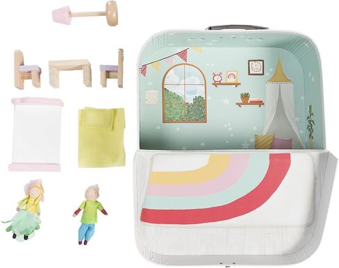 HearthSong 11 Inch Rainbow Cottage Travel Dollhouse Set with 2 Dolls and 5 Piece Furniture Set in Kuwait