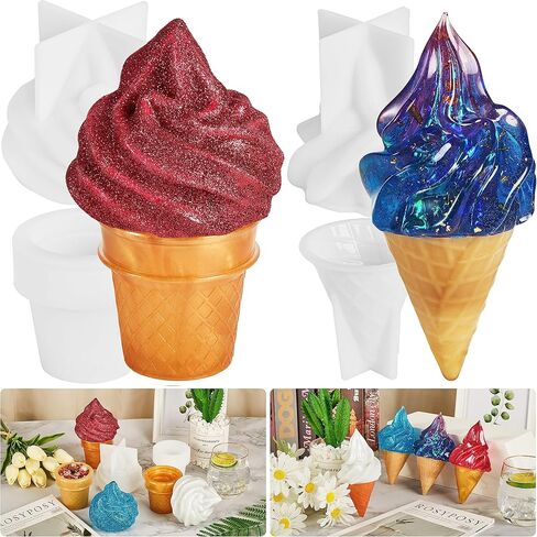 ISSEVE 4Pcs 3D Ice Cream Resin Molds Silicone Kit, Silicone Molds for Resin Include Ice Cream Cone Mold Whipped Cream Mold & Ice Cream Jar Molds with Whipped Lid, Epoxy Molds for DIY Resin Crafts in Kuwait