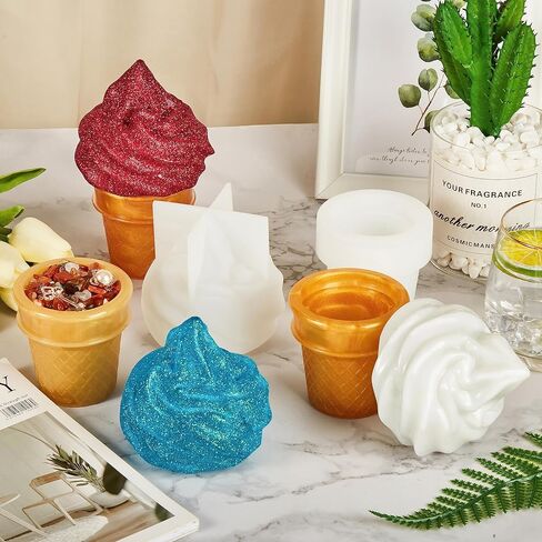 ISSEVE 4Pcs 3D Ice Cream Resin Molds Silicone Kit, Silicone Molds for Resin Include Ice Cream Cone Mold Whipped Cream Mold & Ice Cream Jar Molds with Whipped Lid, Epoxy Molds for DIY Resin Crafts in Kuwait