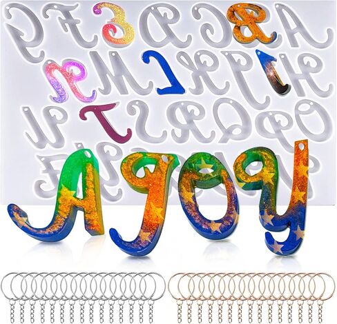 قالب حروف ابجدية كبيرة للراتنج، قوالب حروف من الراتنج معكوس مع فتحة، قوالب راتنج سيليكون مع 30 حلقة قفز، 30 حلقة مفاتيح، قوالب ايبوكسي لصنع سلسلة المفاتيح in Kuwait