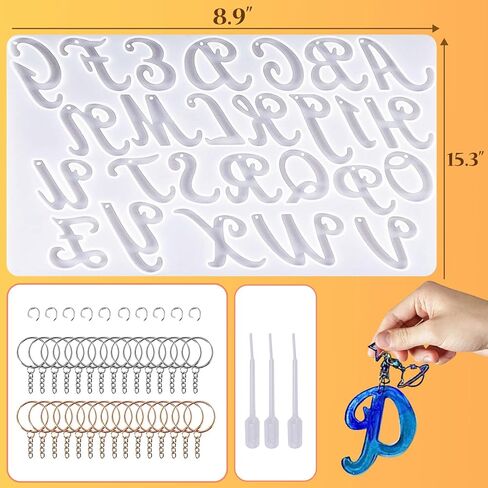 قالب حروف ابجدية كبيرة للراتنج، قوالب حروف من الراتنج معكوس مع فتحة، قوالب راتنج سيليكون مع 30 حلقة قفز، 30 حلقة مفاتيح، قوالب ايبوكسي لصنع سلسلة المفاتيح in Kuwait