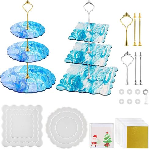 2 Pack 3 Tier Cake Stand Resin Tray Molds, Silicone Cake Resin Tray Mold with 6Pcs Crown Brackets and 10 Gold Foils, DIY Resin Casting Mold for Making Dessert Platter, Serving Stand (Round+Square) in Kuwait
