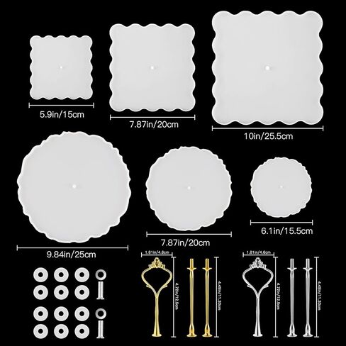 2 Pack 3 Tier Cake Stand Resin Tray Molds, Silicone Cake Resin Tray Mold with 6Pcs Crown Brackets and 10 Gold Foils, DIY Resin Casting Mold for Making Dessert Platter, Serving Stand (Round+Square) in Kuwait