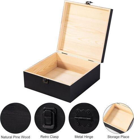 Vintage Wooden Storage Box Container with Hinged Lid Front Clasp, 7.7'' x 7.7'' x 3.9'' Large Keepsake Box, Rustic Wood Boxes for Crafts Art Hobbies and Home Decoration - Matte Black in Kuwait