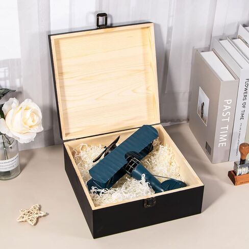 Vintage Wooden Storage Box Container with Hinged Lid Front Clasp, 7.7'' x 7.7'' x 3.9'' Large Keepsake Box, Rustic Wood Boxes for Crafts Art Hobbies and Home Decoration - Matte Black in Kuwait