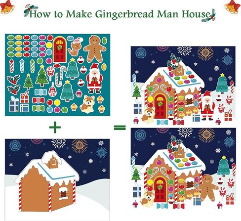 24 قطعة من ملصقات صنع منزل خبز الزنجبيل، ملصقات منزل رجل الثلج، ملصقات عيد الميلاد DIY للأطفال، ملصقات ألعاب حفلات عيد الميلاد للأطفال، هدايا حفلات عيد الميلاد للأطفال الصغار in Kuwait