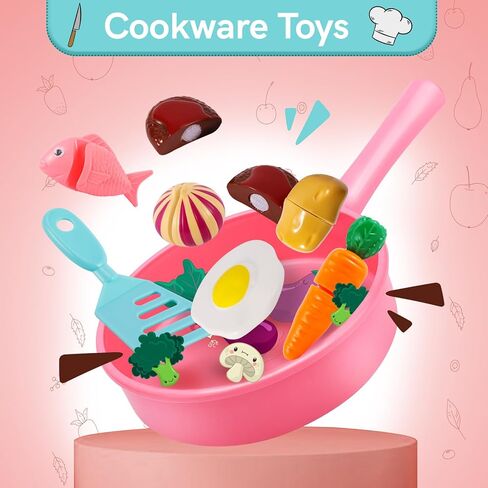 أطفال هيرسيتي يلعبون طعام المطبخ وملحقاته، أواني الطبخ التظاهرية للأطفال الصغار، مجموعة ألعاب القطع، مجموعة أدوات الطبخ، هدايا لعمر 3 4 5 سنوات للأولاد والبنات والأطفال in Kuwait