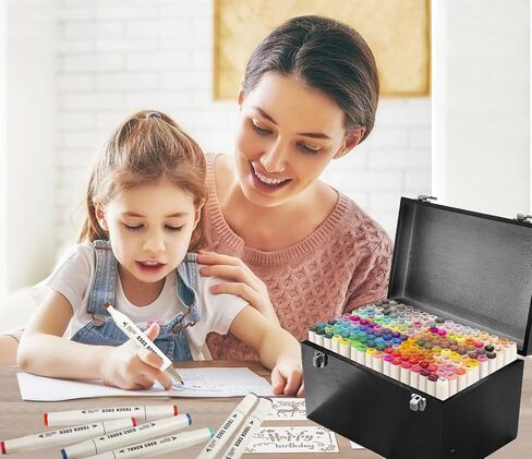 كين سبوري اقلام تحديد كحول مكونة من 160 قطعة، حافظة خشبية فاخرة، اقلام تلوين مزدوجة الراس بلون ابيض، هدية للفنانين والبالغين والاطفال - اسود in Kuwait