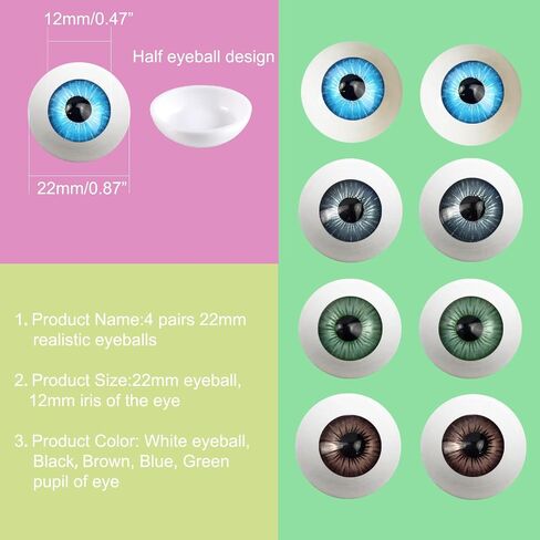 Realistic Acrylic Eyeball, 4 Pairs Plastic Hollow Eyeball, 22mm Diameter Half Round Fake Eyes for Halloween Party Decor Art Dolls Props, Black, Brown, Green, Blue. in Saudi Arabia