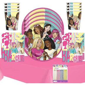 Barbie Party Supplies Pack Serves 16: Barbie Themed 9" Plates Luncheon Napkins Cups and Table Cover - Includes Birthday Candles (Bundle for 16) in Kuwait