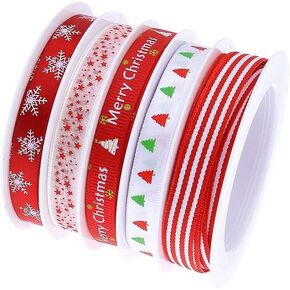 5 Roll 5M Christmas Grosgrain Ribbon Xmas Theme Ribbon Christmas Gift Ribbons for Gift Crafts Wrapping Packaging Party Decorations