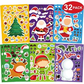 32 Sheets Christmas Party Games Stickers for Kids, Make Your Own Christmas Stickers, Xmas Make-a-face Stickers, Kids Christmas Activities Sticker with Santa Snowman for Holiday Christmas Party Favor