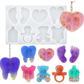 Baby Day Keychain Silicone Mold Cute Resin Mold Footprints Teeth Pendant Mold Bear Heart Shaped Decor Mould for Epoxy Resin Casting Polymer Plaster Clay Baby Memory Art Craft Charm Making