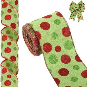 Christmas Ribbon for Tree, Green Red Polka Dot Ribbon Wired Glitter Dot Fabric Ribbon Gift Wrapping DIY Craft Wreath Bows Making Xmas Tree Decor Party Birthday Decoration, White, 10 Yards x 2.5inch