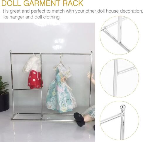 Zerodeko قطعة واحدة من رف ملابس الدمية الحديدية، رف فستان الدمية الكلاسيكي، شماعة ملابس خزانة الدمى، شماعة معطف صغيرة أو لوازم بيت الدمى، عرض ملابس الدمى (فضي) in Kuwait