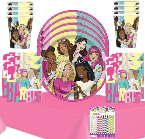 Barbie Party Supplies Pack Serves 16: Barbie Themed 9" Plates Luncheon Napkins Cups and Table Cover - Includes Birthday Candles (Bundle for 16) in Kuwait