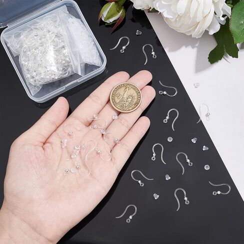 UNICRAFTALE حوالي 200 مجموعة من خطافات القرط البلاستيكية مقاس 15.5 ملم مع 200 قطعة من صواميل الأذن البلاستيكية وسلك أذن فضي اللون مع حلقة وخرزة مستديرة من الفولاذ المقاوم للصدأ لصنع المجوهرات in Kuwait