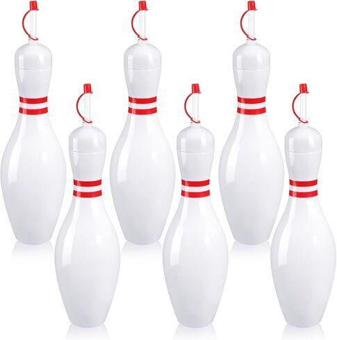 Funtery Bowling Pin Water Bottles with Straws and Lids 25 oz Reusable Bowling Pin Bottles Plastic Red White Bowling Party Favors Birthday Sports Competition Bowling Fans Players Party Supplies(4 Set) in Saudi Arabia