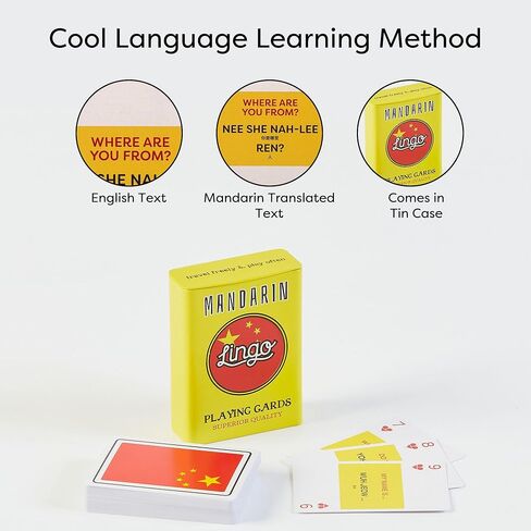 لينغو بطاقات لعب المانية في صندوق من القصدير | حقيبة سفر متينة | مجموعة ألعاب تعلم اللغة مع 54 عبارة مفيدة | مجموعة بطاقات تعليمية بصرية ممتعة لزيادة مهارات المفردات والنطق in Kuwait