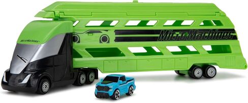 Micro Machines Mini Vehicle Hauler in Green - Includes One Exclusive MM Car - Open The Top of The Trailer/Lower The Back Ramp, Load Up to Eight Cars - Collect Them All in Kuwait