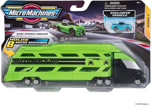 Micro Machines Mini Vehicle Hauler in Green - Includes One Exclusive MM Car - Open The Top of The Trailer/Lower The Back Ramp, Load Up to Eight Cars - Collect Them All in Kuwait