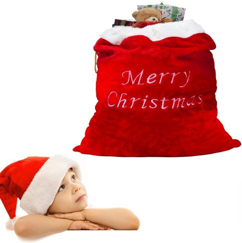 حقيبة هدايا سانتا المخملية الفاخرة كبيرة الحجم 3D أفخم الفراء مع حبل الرباط - 34 بوصة طول × 24 بوصة عرض in Kuwait