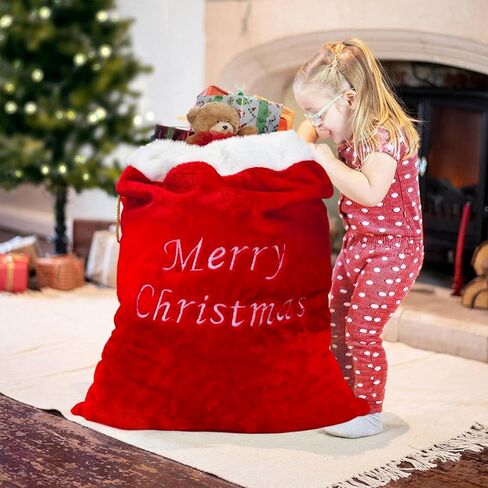 حقيبة هدايا سانتا المخملية الفاخرة كبيرة الحجم 3D أفخم الفراء مع حبل الرباط - 34 بوصة طول × 24 بوصة عرض in Kuwait