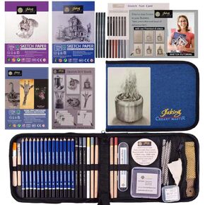 Jaking Creart Master 64 PC Drawing Set,Sketch Kit,Pro Art Supplies|Quality Graphite,Charcoal,Pastel Pencil/Stick,Highlight Pencil,4 Willow Stick|5 Type-65 Sheets+6 DIY Sketch Paper,Tutorial|RPET Case in Kuwait