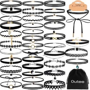 Outee 20-42 Pcs Choker Set Black Chokers Necklaces for Women Choker Necklaces for Teen Girls Classic Choker Henna Choker Layered Necklaces with Material of Velvet