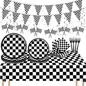 Black and White Checkered Racing Party Decorations Car Party Tableware Set Race Party Banner Racing Themed Plates Tablecloth Car Sports Napkins Forks Hanging Swirls Checkered Birthday Party Supplies
