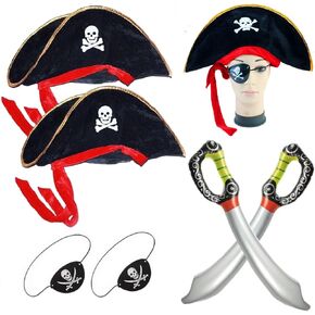 6 قطع من إكسسوارات زي القرصان الكاريبي: قبعة قبطان مطبوعة جمجمة عدد 2 رقعة للعين، سيف قرصان قابل للنفخ للأطفال البالغين، فستان هالوين قرصان فاخر للحفلات التنكرية WUEURU in Kuwait
