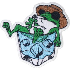 Bad Frog on Whiskey Glass Iron On Patches for Clothing Embroidered Applique Patch Badge Sew On Emblem DIY Craft (Blue)